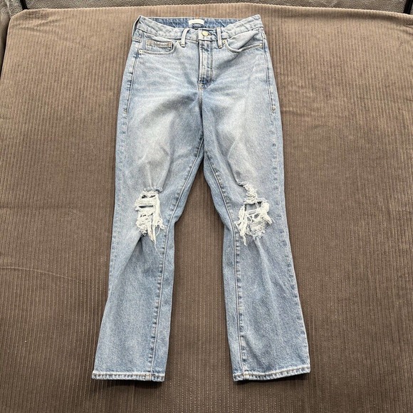 Good American Denim - Good American Women Jeans Size 28/27 Blue Cotton Distressed High Rise Designer.